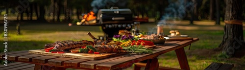 Outdoor picnic table set with grilled meats and vegetables  with a barbecue grill in the background  in a natural park setting.