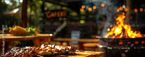 Outdoor barbecue scene with grilled meat skewers, picnic tables, and a bonfire, creating a warm and inviting atmosphere.