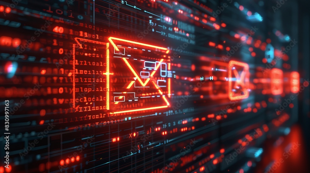 Fototapeta premium Digital email icon in futuristic cyber environment with glowing red lines, representing communication and digital technology.