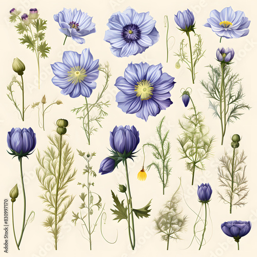 set of Nigella  plants  leaves and flowers. illustrations of beautiful realistic flowers for background  pattern or wedding invitations