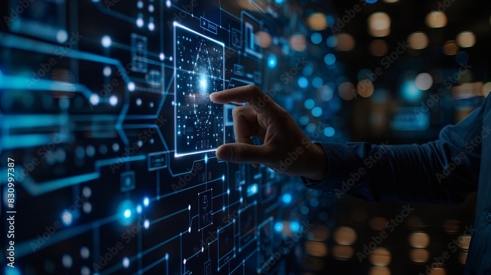 Hand touching a digital screen interface with data and technology icons, representing technology and innovation in a modern workspace. Hand touching a digital screen interface with data and technology icons, representing technology and innovation in a modern workspace.
