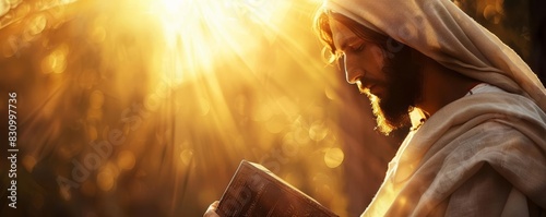 Bible Jesus Christ a closeup image of Jesus Christ gently holding a lamb with a beautiful sunset and a warm glow over the scene with space in the left for copy space photo