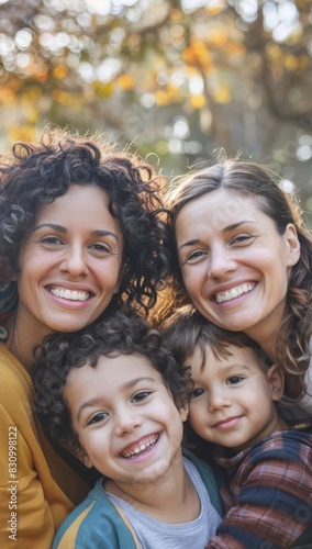 LGBT family Focus on a family with two mothers, Caucasian and Hispanic, and their children, smiling and looking at the camera, in a park, with center space for text