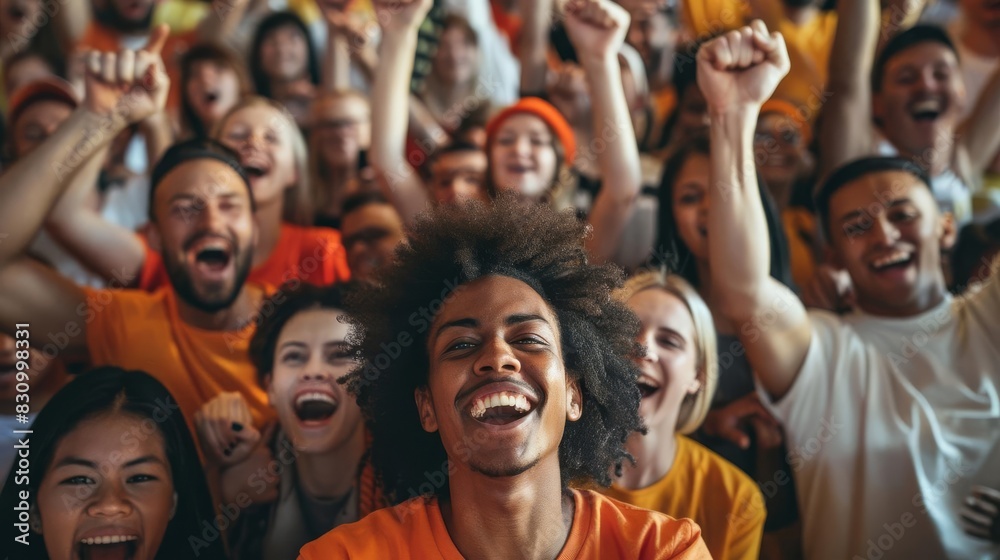 Fototapeta premium Olympic Winner Paris 2024 Cheering Crowd Focus on a diverse group of fans,