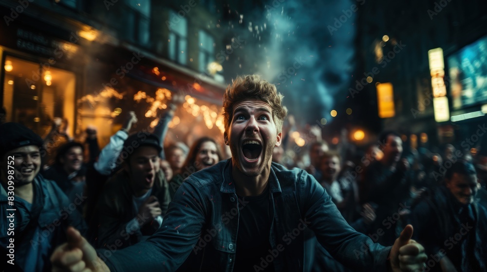 Euphoric young man cheering, arms raised during an urban street celebration at night Euphoric young man cheering, arms raised during an urban street celebration at night