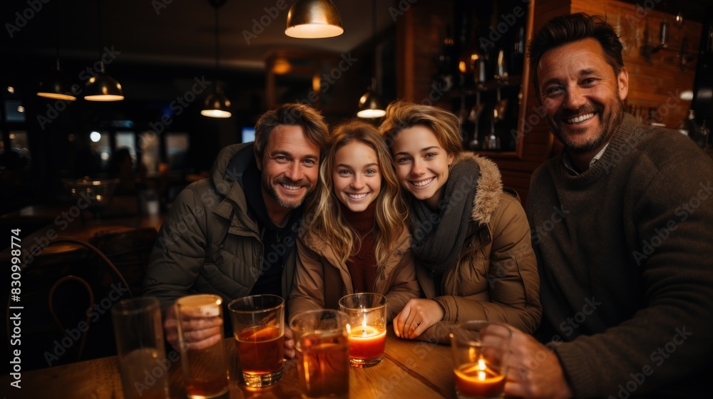 Happy friends smiling and toasting with drinks at a cozy, warmly lit pub Happy friends smiling and toasting with drinks at a cozy, warmly lit pub