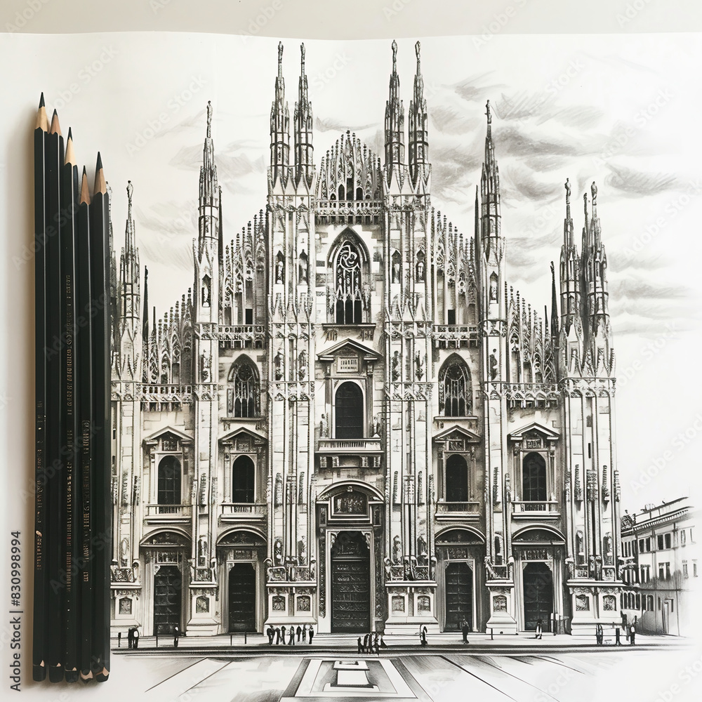 Black and white sketch of Milan Cathedral on a cloudy day Black and white sketch of Milan Cathedral on a cloudy day