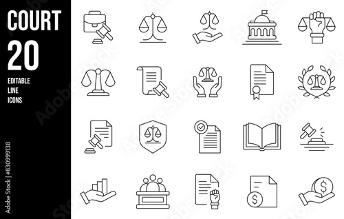 Court Editable Icons set. Vector illustration in modern thin line style of law related icons: Lawyer, judge, justice, and more. Pictograms and infographics for mobile apps.