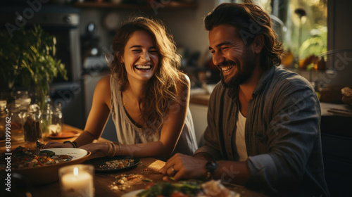 Intimate couple sharing a laugh during a romantic  candle-lit dinner at home