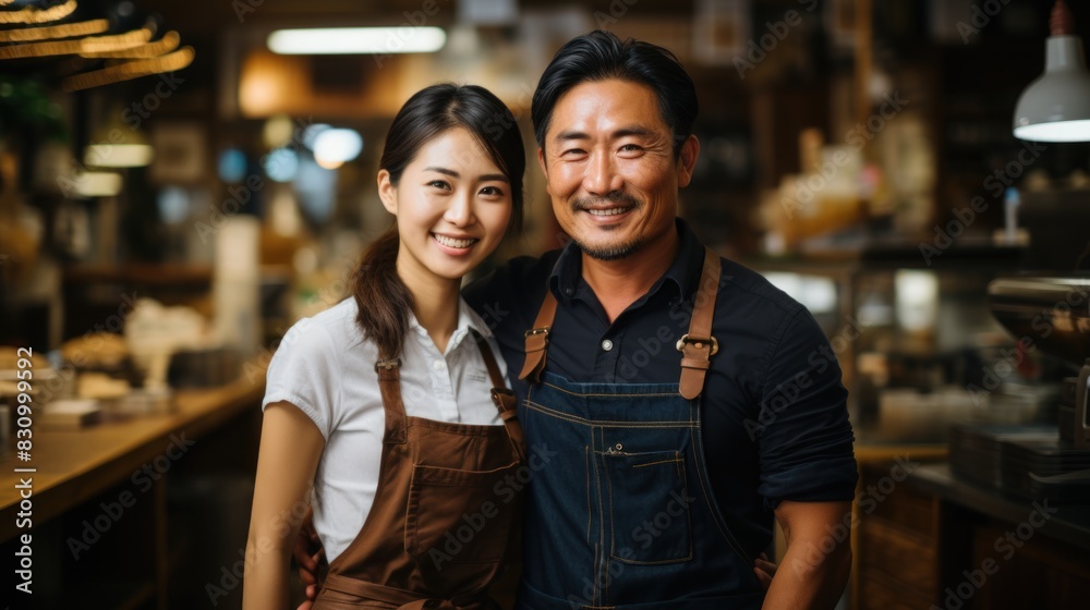 Cheerful man and woman in aprons smiling while standing in their cozy cafe, exemplifying small business