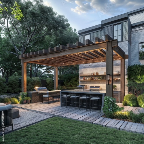 Outdoor Gourmet Space with Modern Grill and Dining Area