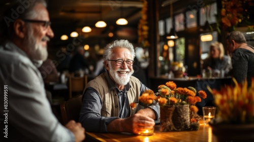 Senior man sitting at a bar with dim lighting  having a drink  with festive autumn decorations visible