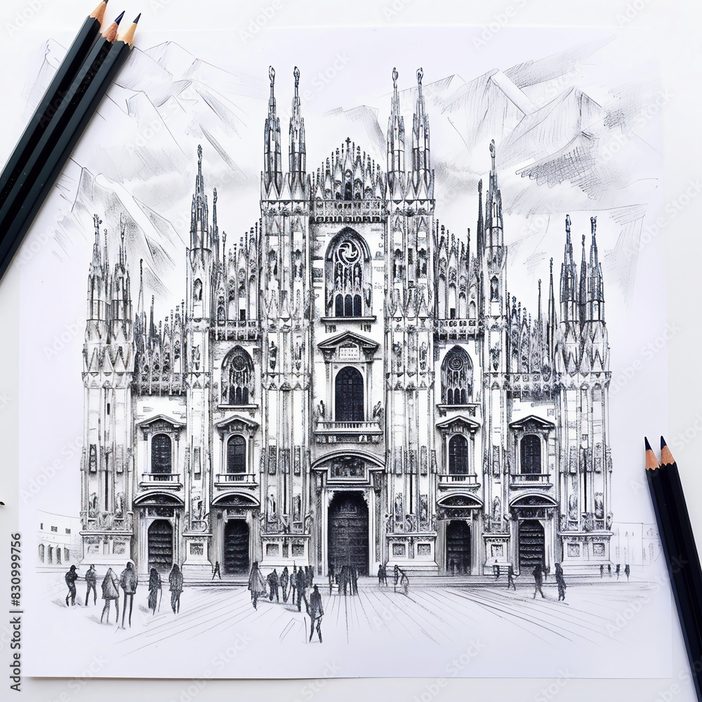 Fototapeta premium Black and white sketch of Milan Cathedral on a cloudy day