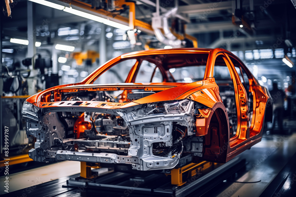 Automotive assembly line. Assembly line of automobile factory. Modern automotive industry