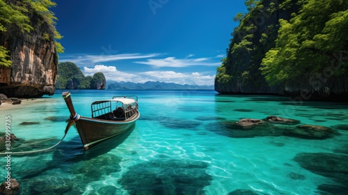 Crystal clear waters of a tropical bay with limestone cliffs and a traditional longtail boat in Thailand