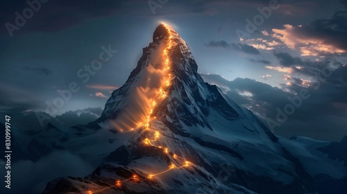 a mountain peak at night. The peak is covered in snow and there is a glowing orange line running up the center. 