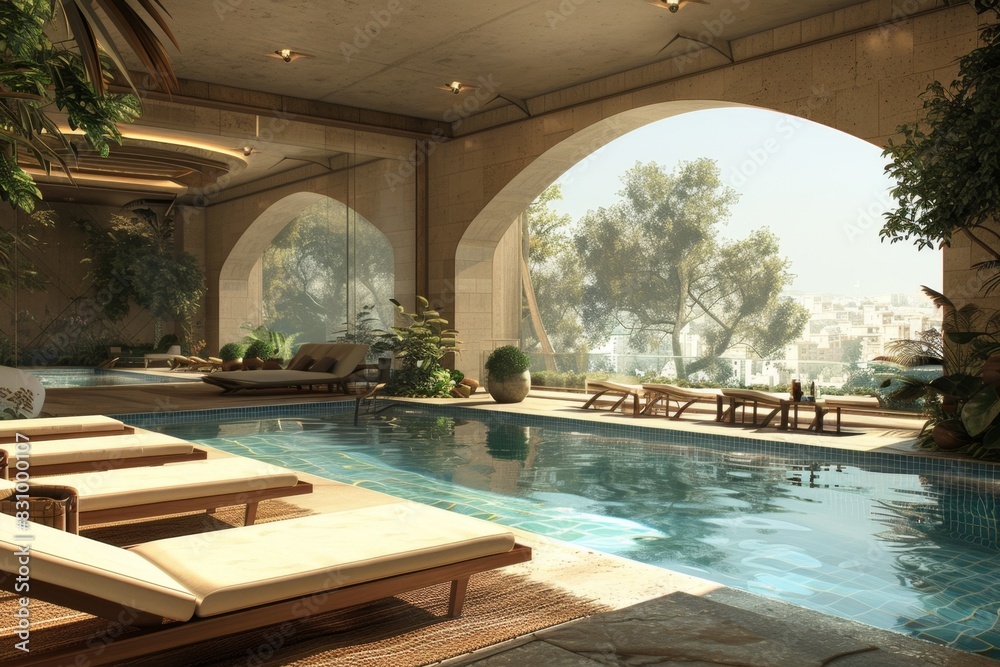Obraz premium Poolside Lounge Area with Sun Loungers and Shade