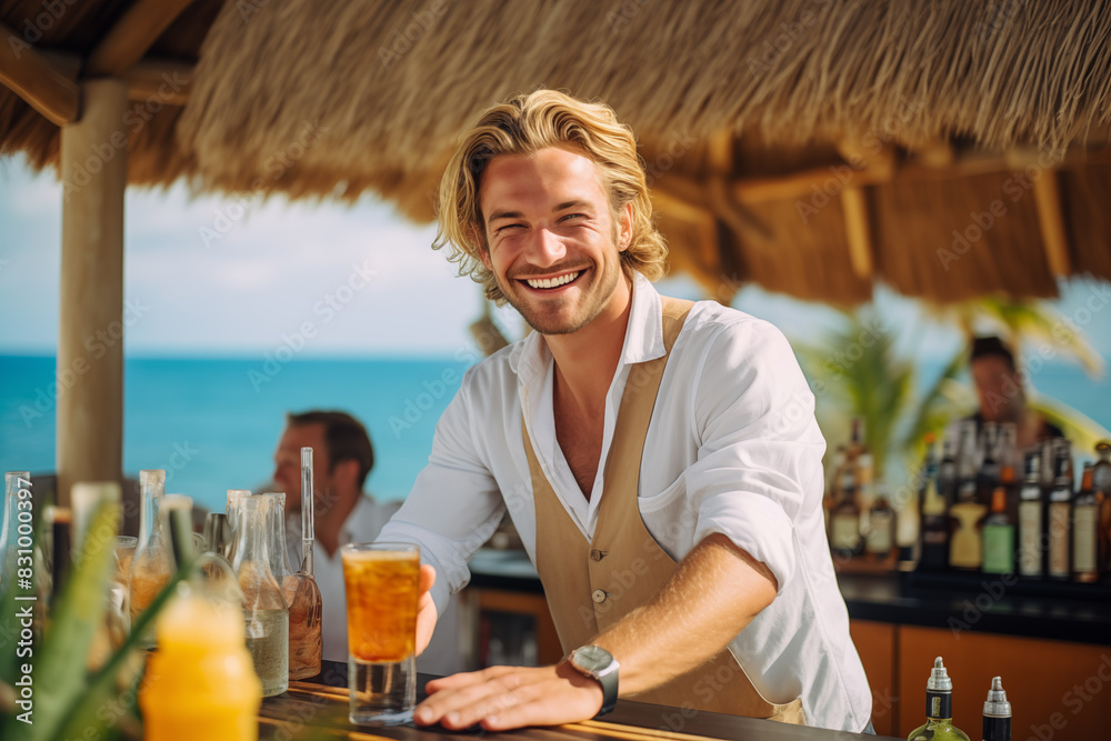 custom made wallpaper toronto digitalPortrait of handsome barman smiling, standing at beach bar and macking cocktail
