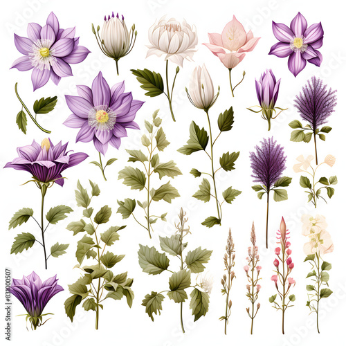 set of Bellflower, plants, leaves and flowers. illustrations of beautiful realistic flowers for background, pattern or wedding invitations photo
