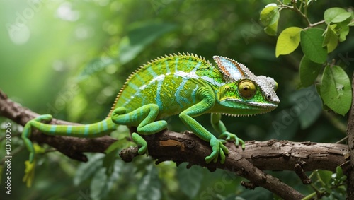 A bright green chameleon is perched on a branch,
