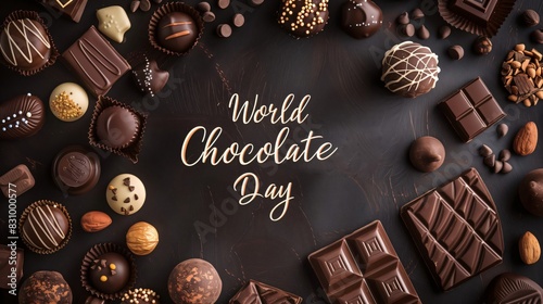 Assortment of fine chocolates and cocoa on dark background, celebrating world chocolate day