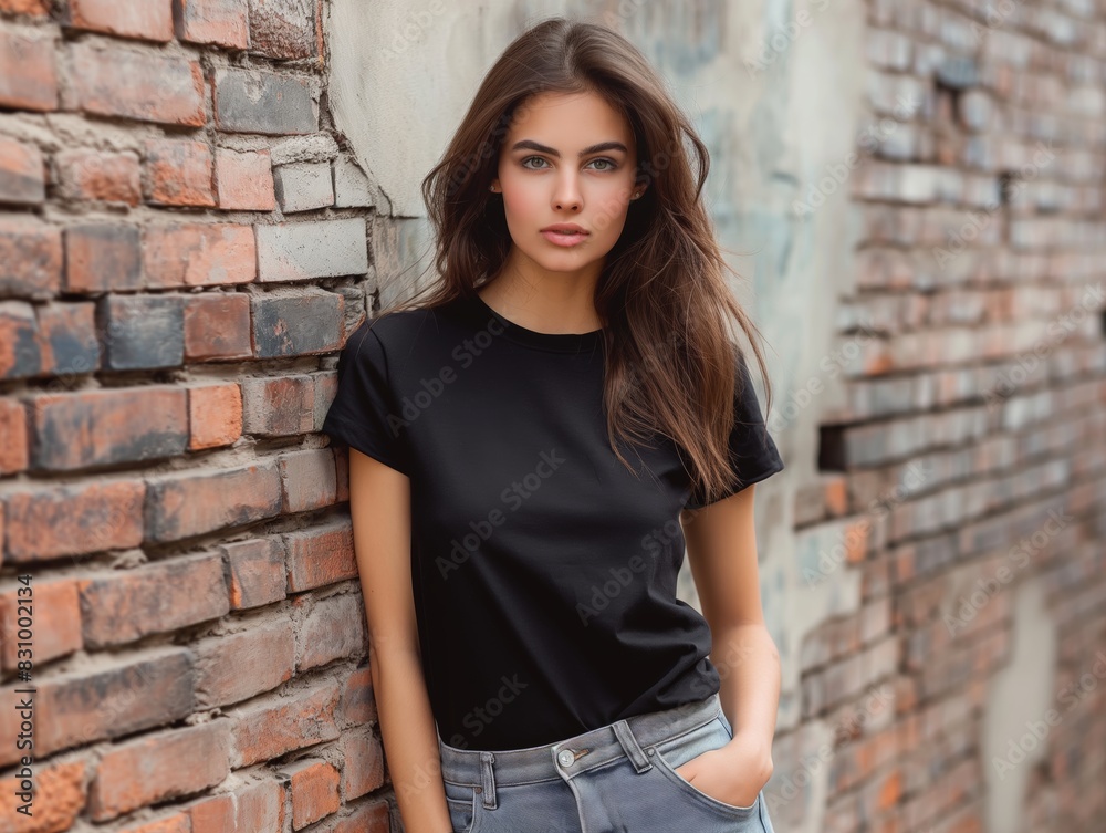 Blank black T-shirt mockup worn by a woman standing against a brick wall Blank black T-shirt mockup worn by a woman standing against a brick wall