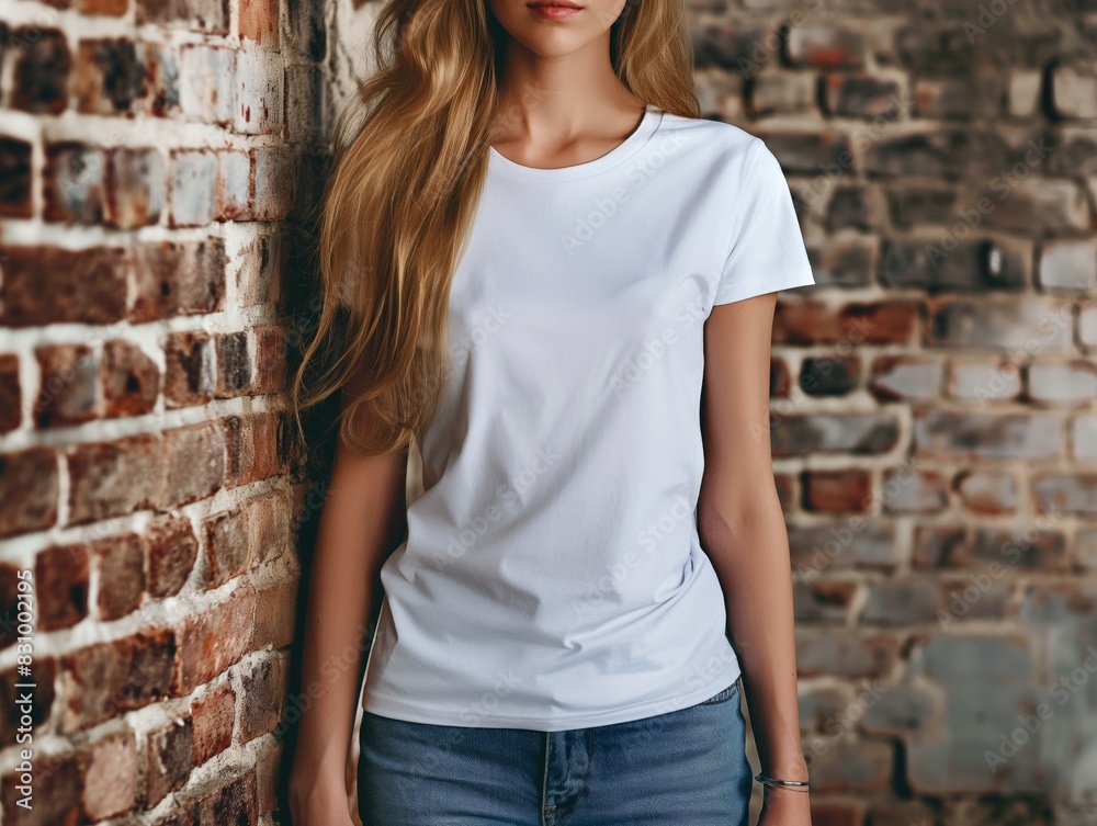Blank white T-shirt mockup worn by a woman standing against a brick wall Blank white T-shirt mockup worn by a woman standing against a brick wall