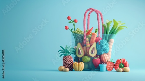 Colorful shopping bag filled with fresh fruits and vegetables against a light blue background, showcasing a healthy lifestyle choice. An eco shopping net bag.