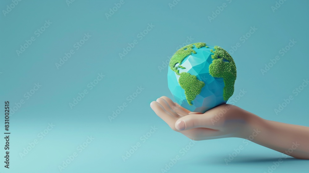 Hand holding miniature globe against blue background, symbolizing global responsibility, environmental awareness, and world unity. Hand holding miniature globe against blue background, symbolizing global responsibility, environmental awareness, and world unity.