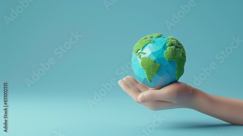 Hand holding miniature globe against blue background  symbolizing global responsibility  environmental awareness  and world unity.