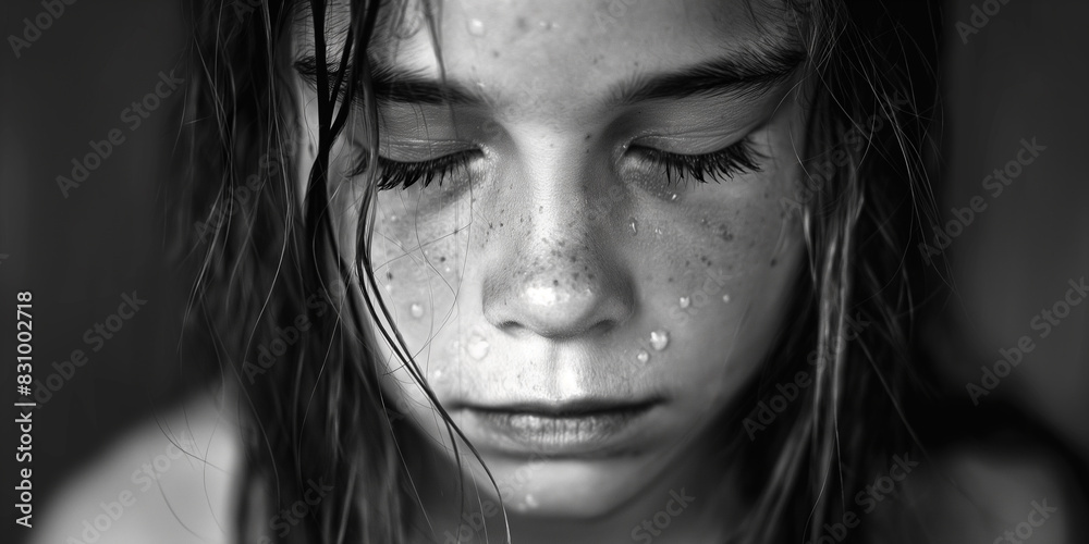 Fototapeta premium Sorrowful young girl eyes closed with tears streaming down her face. 