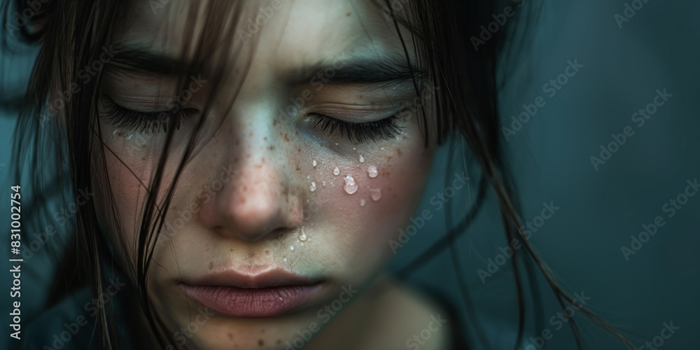 Sorrowful young girl eyes closed with tears streaming down her face.
Sorrowful young girl eyes closed with tears streaming down her face.