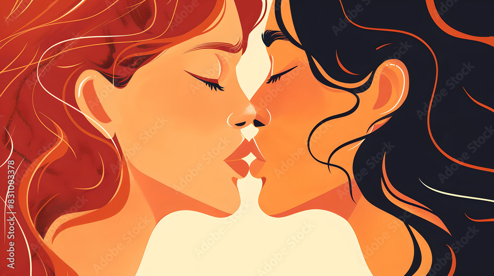 front view portrait of two girls kissing, minimalistic illustration style, lgbtq celebration concept, for banner, design, poster, cover, print, book, card, light isolated background