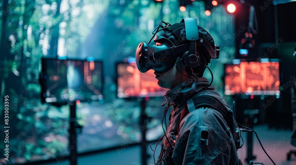 A virtual reality setup where a user in a motion capture suit interacts with a digitally created world, enhancing the immersive experience