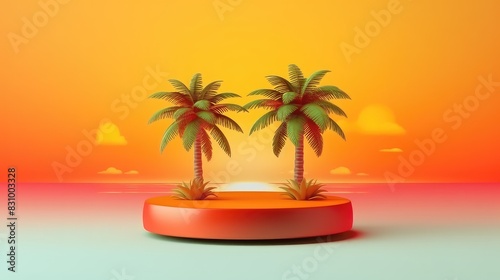 Podium with tropical palms, product display mock up © neirfy