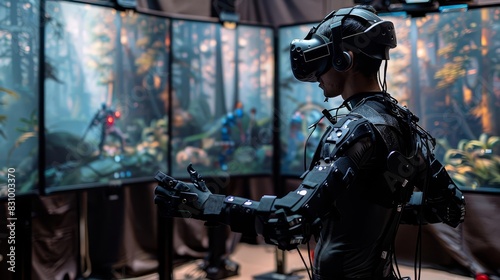 A virtual reality setup where a user in a motion capture suit interacts with a digitally created world, enhancing the immersive experience