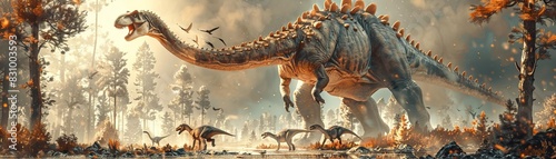 An actionpacked depiction of a Brachiosaurus being chased by a pack of smaller predatory dinosaurs, showcasing its size and strength in defense photo