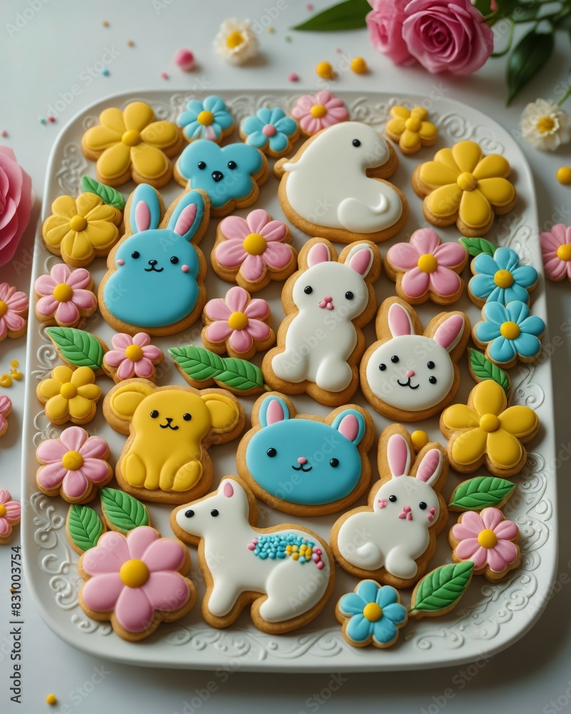 A beautifully decorated platter of sugar cookies shaped like cute animals and flowers, perfect for spring celebrations or Easter festivities.