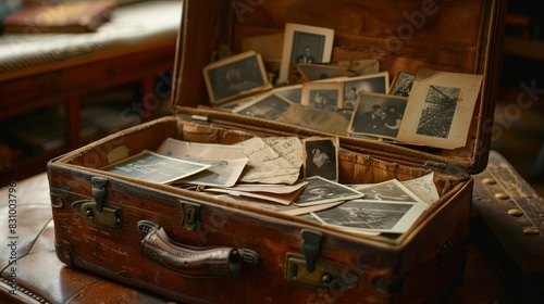 A suitcase full of old photographs and a book