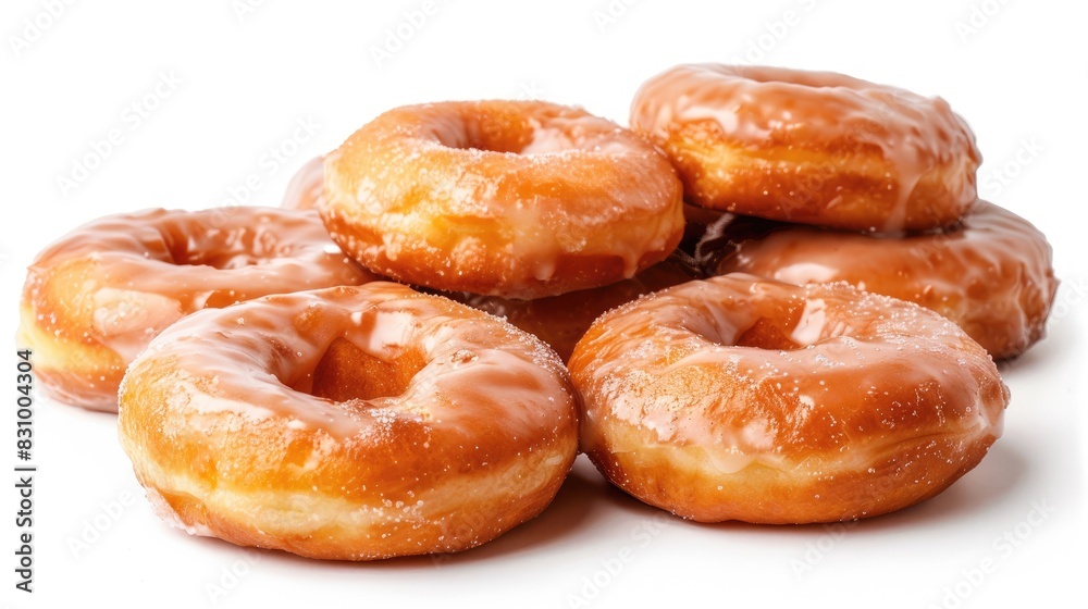 Donuts with a glossy coating against a white backdrop Donuts with a glossy coating against a white backdrop