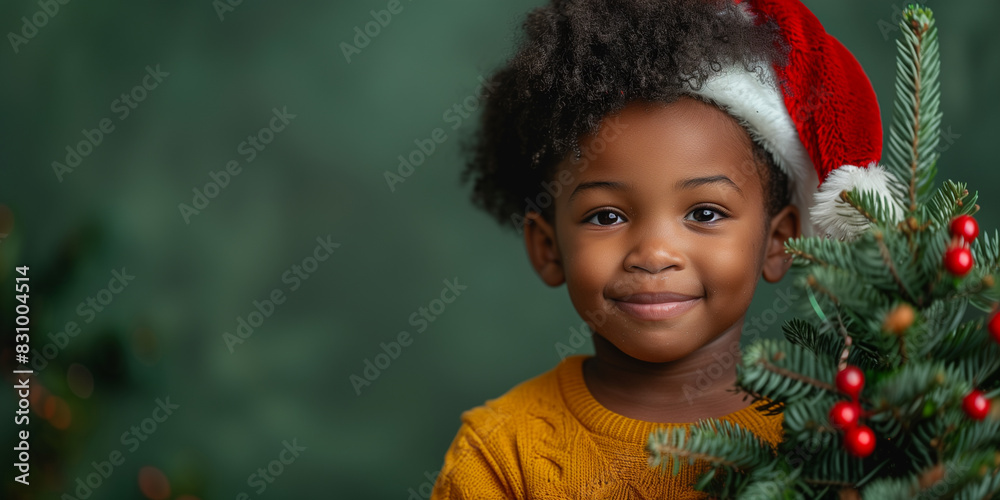 Cheerful African American boy wearing Santa hat, holding a Christmas tree Cheerful African American boy wearing Santa hat, holding a Christmas tree
