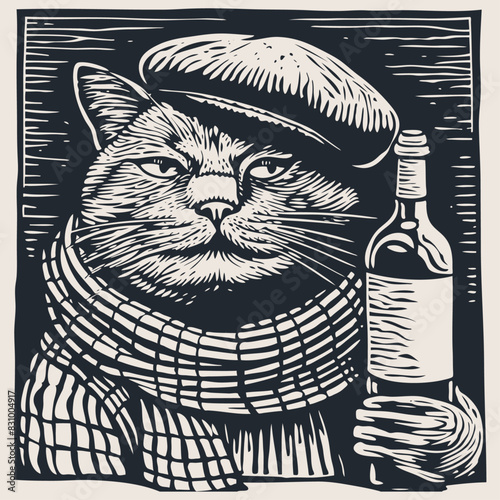 French cat in a beret and a scarf with a bottle of wine, vector illustration