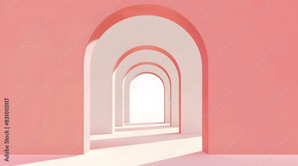 Minimalist Pink Arches in Perspective on Pastel Background for Modern Design, 3D Abstract Architecture Concept Minimalist Pink Arches in Perspective on Pastel Background for Modern Design, 3D Abstract Architecture Concept