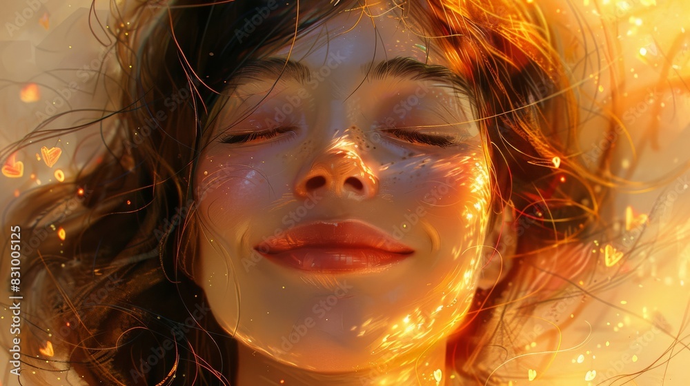 Develop a digital artwork representing pure happiness. Illustrate a close-up of a face with eyes closed and a broad smile, using soft lines and pastel colors. Add subtle elements like a few floating Develop a digital artwork representing pure happiness. Illustrate a close-up of a face with eyes closed and a broad smile, using soft lines and pastel colors. Add subtle elements like a few floating