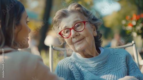 The elderly woman listening outdoors photo