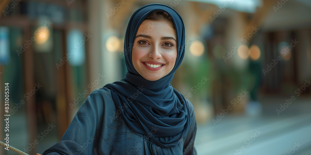 A woman in a blue hijab smiling at the camera
