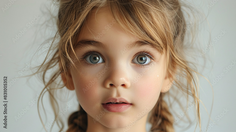 Professional studio photo portrait of a cute little girl, lovely kid with naive face, adorable baby, a child with a emotional expression, widescreen 16:9