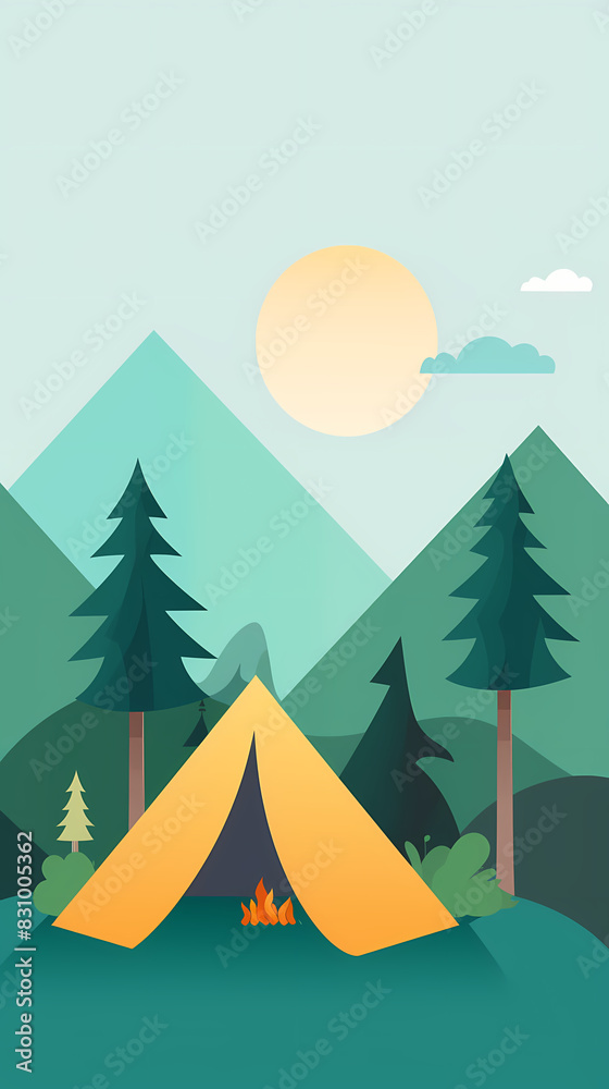 Obraz premium Vector camping tent in the forest.Summer camp with bonfire, tent, backpack . cartoon landscape with mountain, forest and campsite.