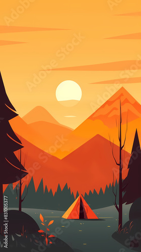 Vector camping tent in the forest.Summer camp with bonfire  tent  backpack . cartoon landscape with mountain  forest and campsite.