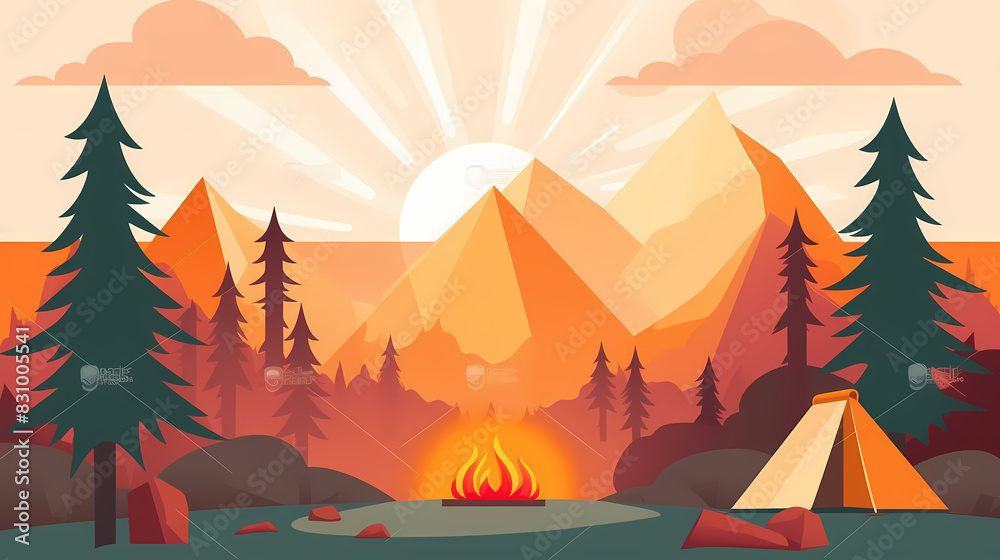 Vector camping tent in the forest.Summer camp with bonfire, tent, backpack . cartoon landscape with mountain, forest and campsite.